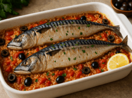 Рибник със скумрия, ориз, домати и маслини